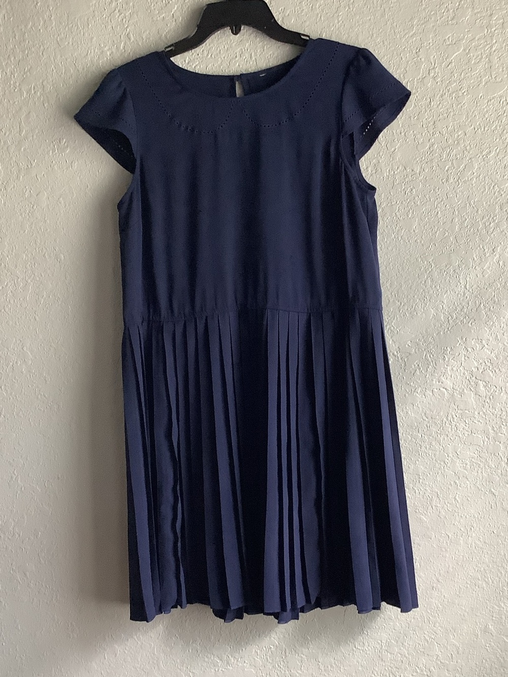 Navy Pleated Short-Sleeve Formal Dress